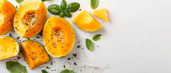   A halved papaya on a white background with green foliage and seasoning on top