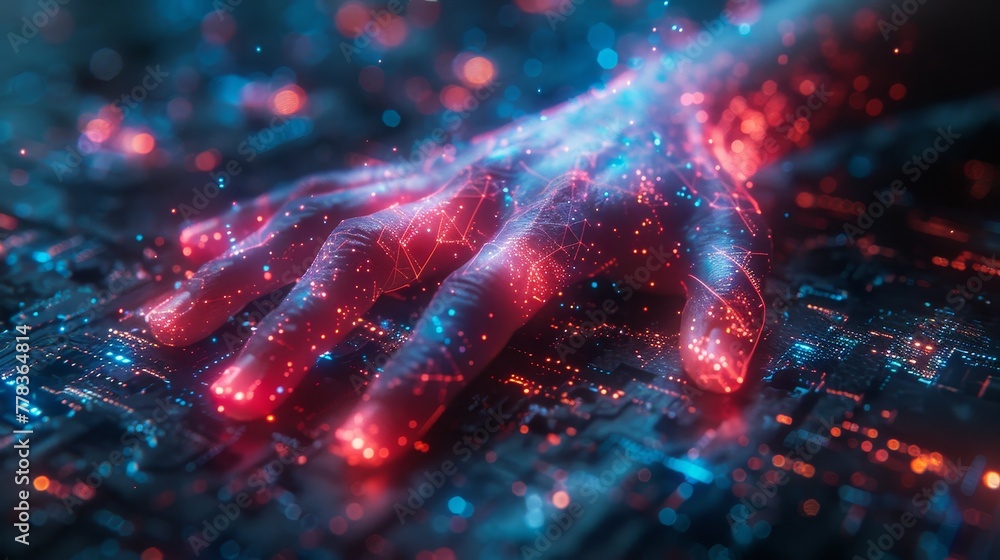 Poster An abstract digital geometric figure in neon lights. A woman in VR with digital computer data interacts in a futuristic cyber space. Technology banner.