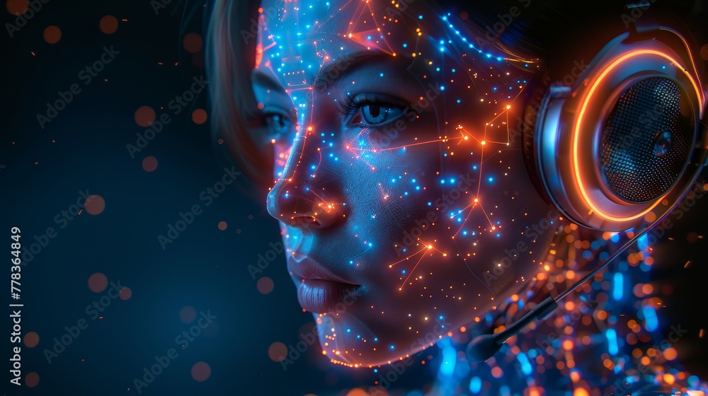 Poster chatbot avatar robot woman. round icon of ai in image humanoid female cyborg. chatbot logo of online