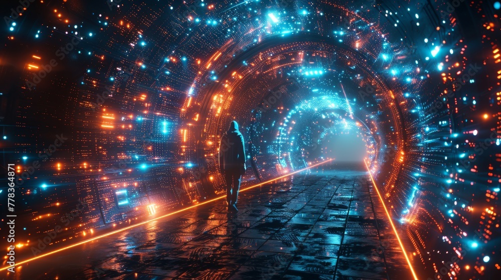 Aufkleber Future computer technology concept of cyber gate in cyberspace or metaverse. Fantasy cyber door or portal in data center. Tech banner.
