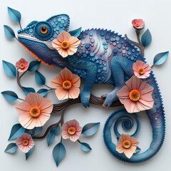 Paper cut blue chameleon on a branch in bloom on white background