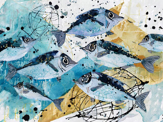 Abstract collage with a school of fish, ink lines and blots, watercolor strokes on a blue background