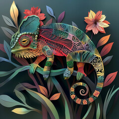 Paper cut colored chameleon on a branch on a dark background