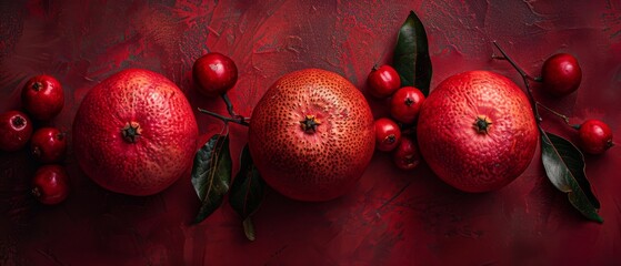   A detailed image of various fruits arranged on a scarlet background, adorned with foliage and berries atop - obrazy, fototapety, plakaty