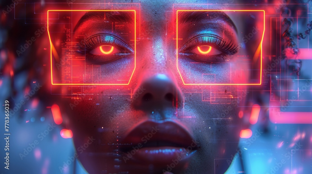 Poster An abstract digital technology background featuring AI's face surrounded by geometric shapes in cyberspace. Artificial intelligence head.