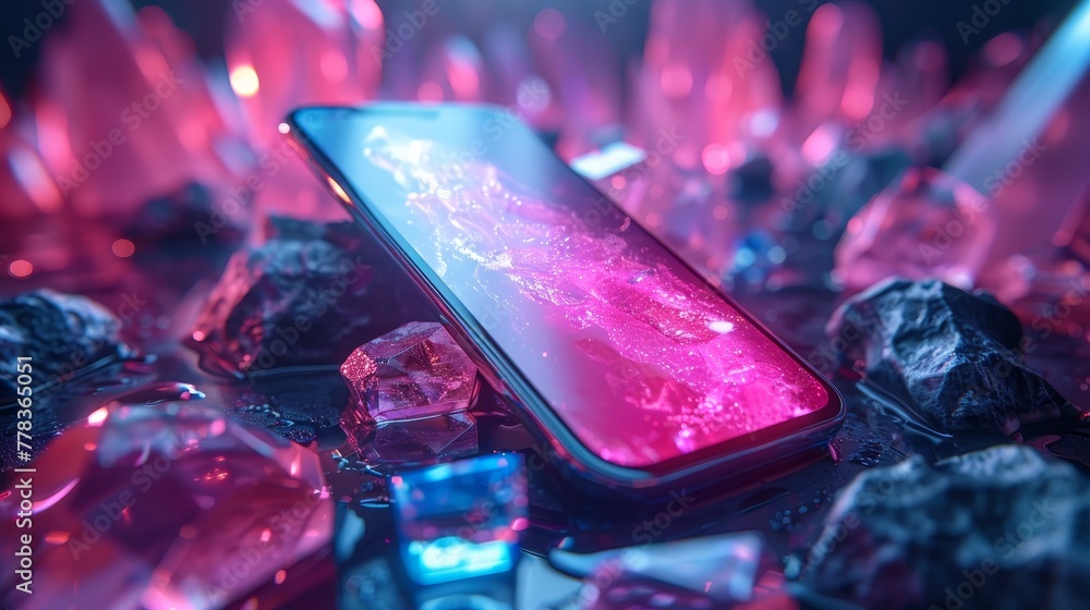 Poster An angle-hovering smartphone hovered over geometric 3D shapes in neon glow. The camera rotated up on a futuristic background. The smart cell phone hovered in the air in 3D space.