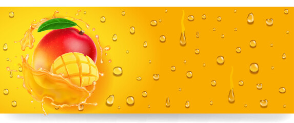 Mango fresh juice splash. Mango fruit beverage with condensation drops on yellow background. 3d realistic banner - 778365001