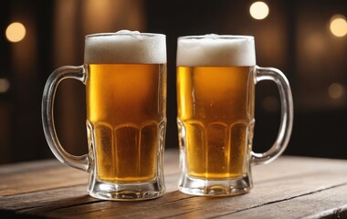 Tableware Two beer mugs filled with amber liquid on a wooden table