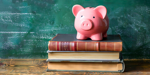 A ceramic piggy bank rests on a collection of vintage textbooks against the backdrop of a classroom chalkboard.