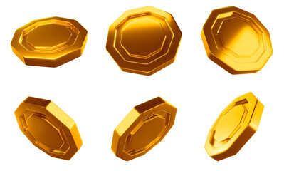 3D Glossy golden coins in the shape of hexagons. Transparent background, png