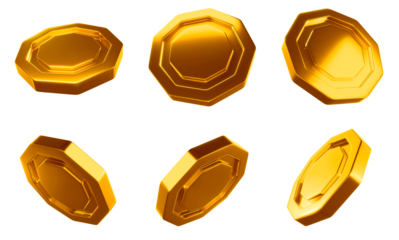 3D Glossy golden coins in the shape of hexagons. Transparent background, png