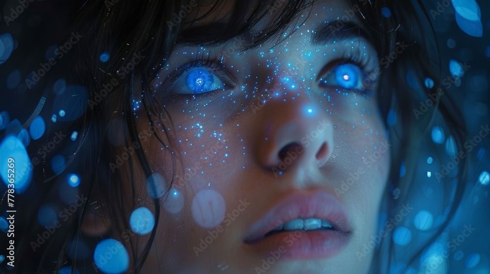 Poster Flow of artificial intelligence. Cyborg woman contemplating stream of data in image waterfall of light particles. Machine learning concept. Neural network training.