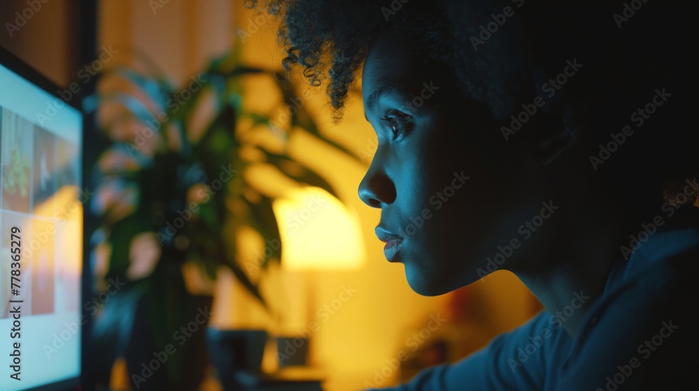 Poster close-up of a person's face illuminated by the screen light while participating in a video call at n