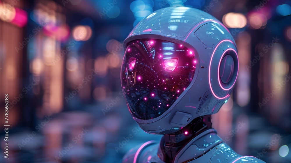 Poster Robot woman on screen phone clicks on speech bubble and AI chat bot talks with customer. Female cyborg artificial intelligence customer support using internet service on a mobile phone.