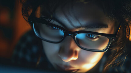 Close-up of a person with glasses concentrating, lit by a gentle glow - obrazy, fototapety, plakaty