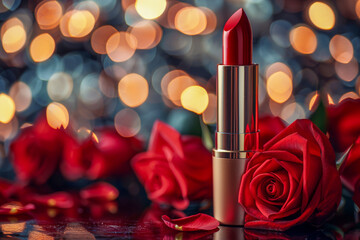 Obraz na płótnie Canvas Classic red lipstick with a gold tube, with a soft focus background of red roses