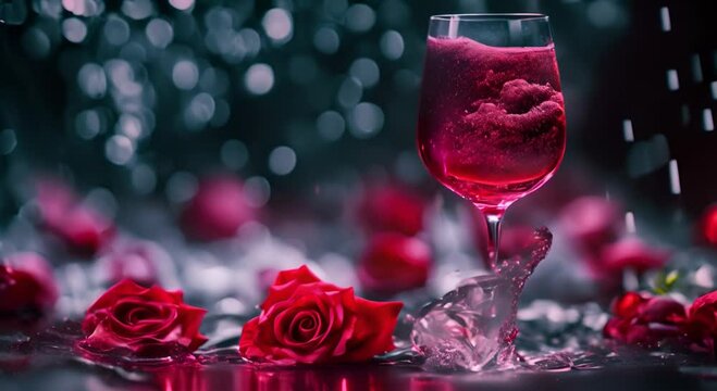 1 glass of wine with roses in the waves mixed with the wine, red and black tone. Stock photo. Flat composition with copy space, Bright. HD quality, 3d render, high detail details, photorealistic quali