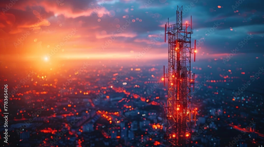 Poster a wireless broadband antenna transmitting telecommunications signal. 5g signal distribution network.