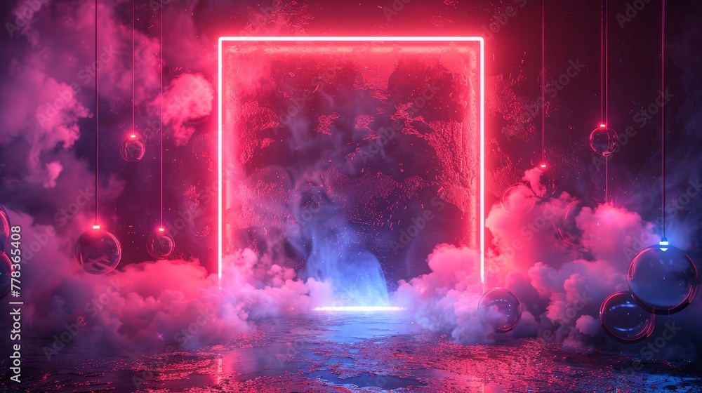 Poster A neon rectangle glowing frame in a dark cyberspace. A 3D sphere hanging from the frame. An abstract square border in a modern technology style. A red, blue neon lamp forms the podium or background