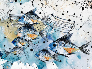 Abstract collage with a school of fish, ink lines and blots, watercolor strokes on a blue background