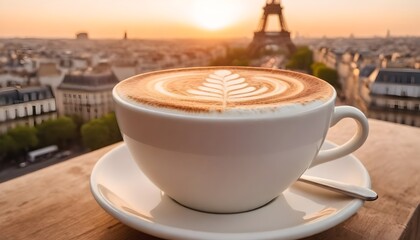 A cup of cappuccino latte coffee with a view of the Eiffel Tower in Paris in spring. Enjoying the new morning and life in a beautiful world.
 - obrazy, fototapety, plakaty