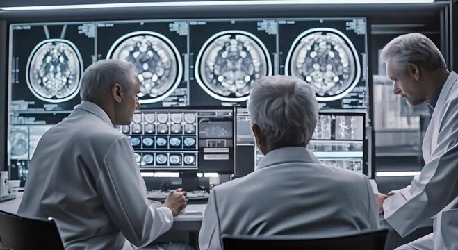 experts in neuroscience examining ultra-detailed brain scans, deliberating on the nuanced complexities of neural circuitry and potential breakthroughs in treating neurological ailments