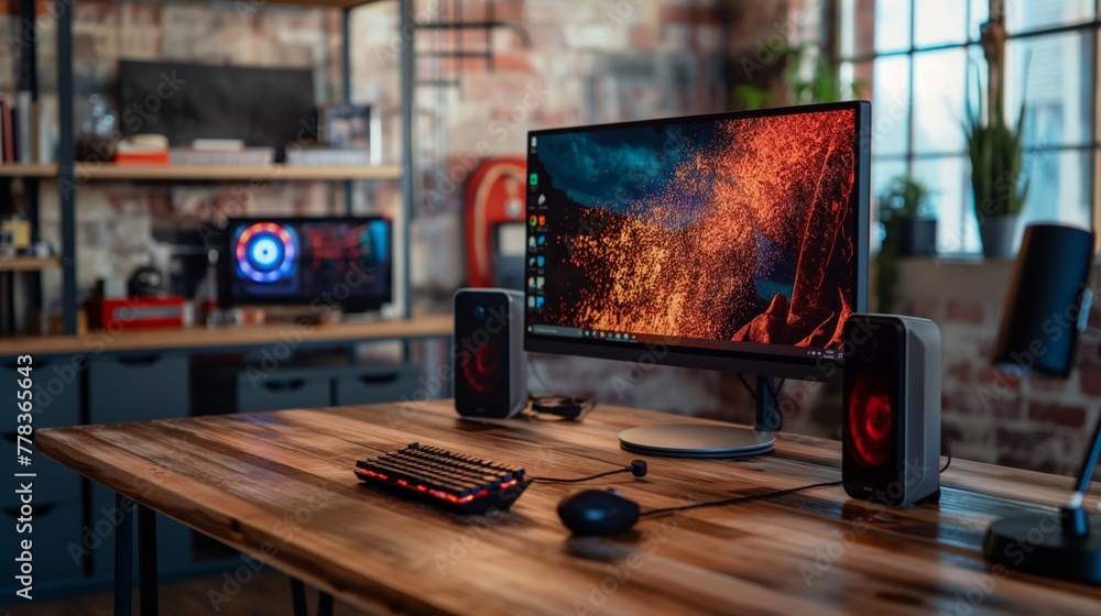 Poster close-up of a stylish desktop computer in a home office with a rustic wooden desk and vibrant screen