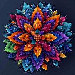 Abstract colorful mandala flower illustration with leaves and petals isolated on a dark background, Generative AI