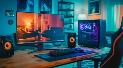 Close-up of a stylish desktop computer setup with neon lighting in a cozy home office