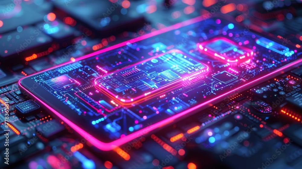 Poster Application development on laptops for mobile phones and tablets. Interface development on laptops and phones. Software developer laptop connected to phone, tablet.