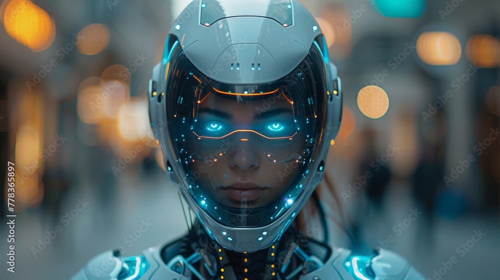 Poster A robot AI trader running on a growth stock market chart. A woman robot trader on the forex market. A trading system with AI. AI technology for analyzing investment funds.