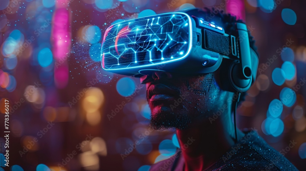 Aufkleber The man in the virtual reality headgear or 3D glasses of virtual reality is looking at holographic interfaces of virtual reality or augmented reality simulations. The guy is playing computer video