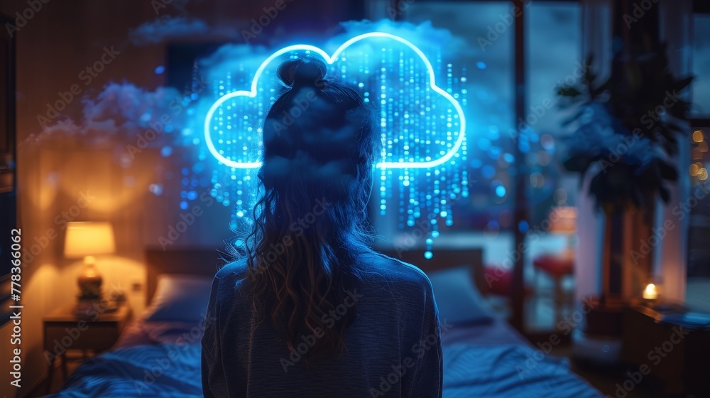 Poster Conceptual banner for smart home technology. IOT system connects smart home through wireless internet cloud storage. IOT. Concept Internet of Things. Hanging neon icon of smart home and data cloud.