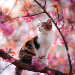 Calico Cat Admiring Spring Cherry Blossoms on Tree Branch