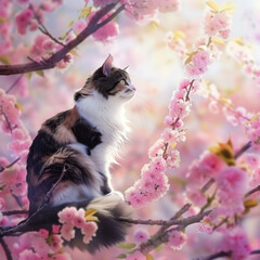 Calico Cat Admiring Spring Cherry Blossoms