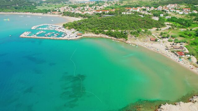 Aerial view of the popular Rajska plaza beach on Rab Island, Croatia.