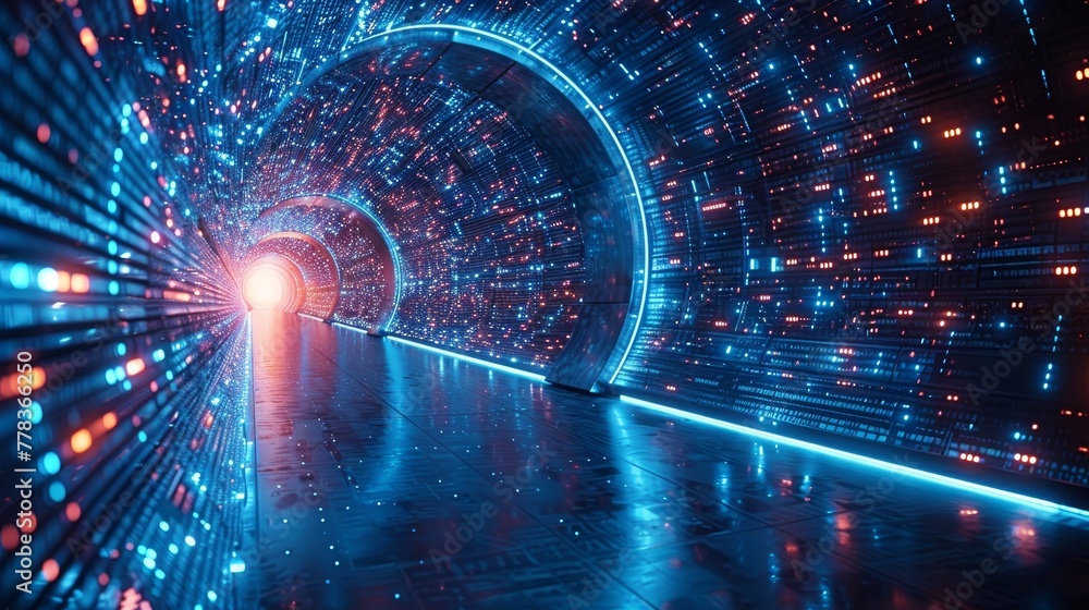 Poster future concept of cybergate in cyberspace or metaverse. fantasy cyberdoor in data center. tech banne