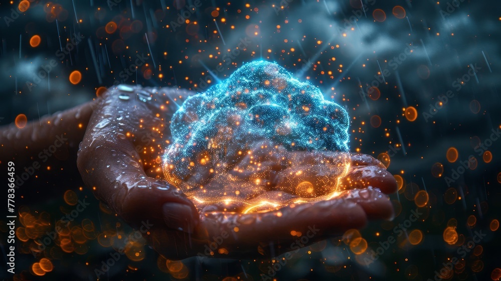 Aufkleber Digital technology network concept. Icon digital cloud over hand in neon lights. Data rain emanates from digital cloud. Internet Datum storage synchronization. Upload or download files.