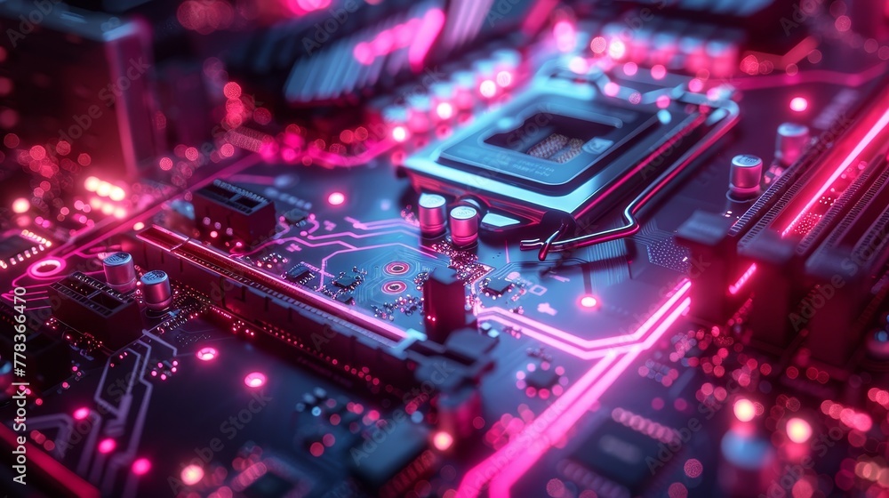 Poster computer upgrade or repair. modern power pc with neon lights of cpu, coolers, ram boards. configurat