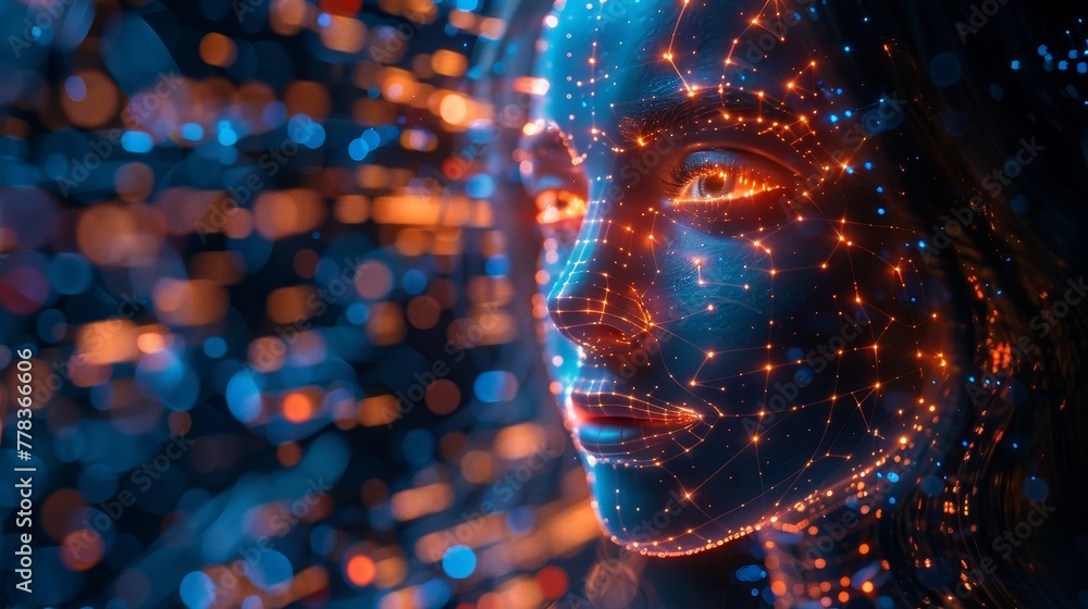Poster An AI-based technology concept of a robot or chat bot head hanging over a digital map of the world. Communication between artificial intelligence systems in different places on the globe for