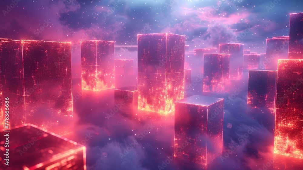 Leinwandbilder The background is an abstract futuristic technology background with 3-dimensional objects in space on a soft white background. Neon shapes glow in the distance in 3-D space. Modern art banner.