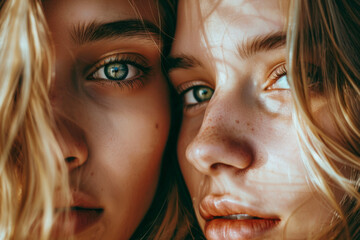 Close-up portrait of two beautiful girls with long hair and blue eyes
 - obrazy, fototapety, plakaty