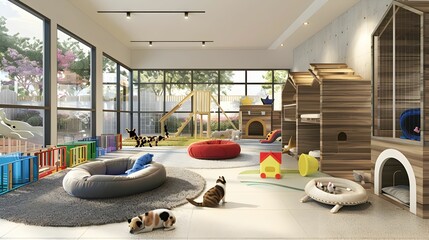 Spacious and modern pet daycare interior with a variety of playful areas and comfortable resting spaces for cats and dogs.