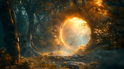 A mystical forest scene with a magical gateway formed within an ancient tree, surrounded by ethereal lights and vibrant flora.