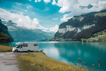 AI-generated image of a motorhome by a tranquil lake, representing freedom and nature's calm. Generative AI - Powered by Adobe
