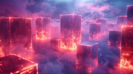The background is an abstract futuristic technology background with 3-dimensional objects in space on a soft white background. Neon shapes glow in the distance in 3-D space. Modern art banner.