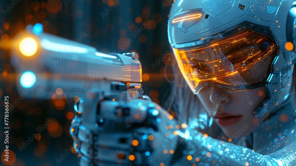 Aufkleber an abstract video game of a cyborg shooting a gun. a robot woman with artificial intelligence runnin