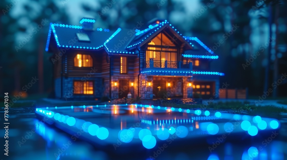 Poster IOT devices in network of house. Development of smart home system concept. IOT phone application setting. Programming scenarios for operation of smart home system. IOT devices in cloud computing.