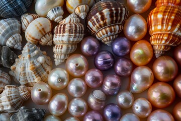 Colored pearls nestled in sea shells, showcasing their natural beauty and diversity
