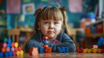 Little autistic  girl playing in a kindergarten or children's room at home with wooden educational...